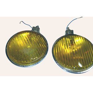 Vintage Yellow Glass Fog Lights With Chrome Housing & Mounting Brackets For Clas